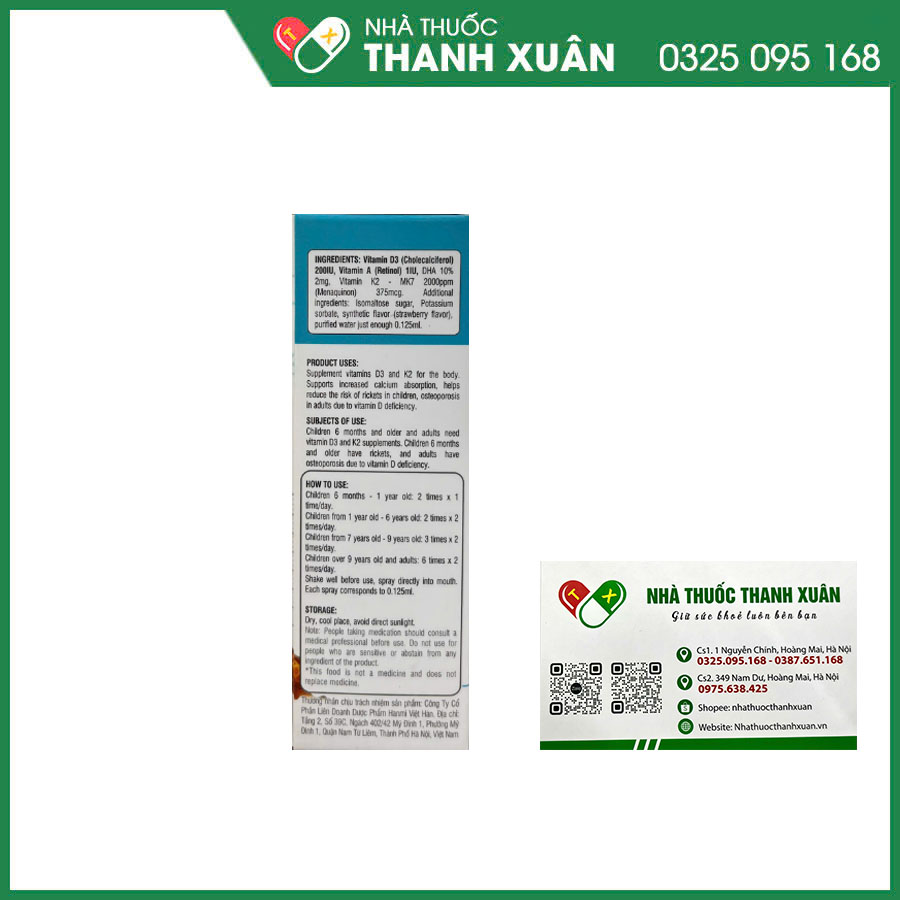 Growup D3K2-MK7 bổ sung vitamin D3 và K2 cho cơ thể hỗ trợ tăng cường hấp thu canxi và giảm nguy cơ còi xương, loãng xương